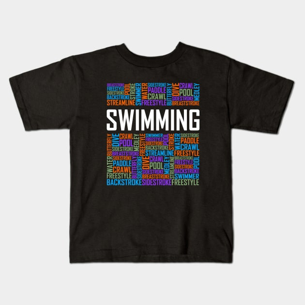 Swimming Words Kids T-Shirt by LetsBeginDesigns